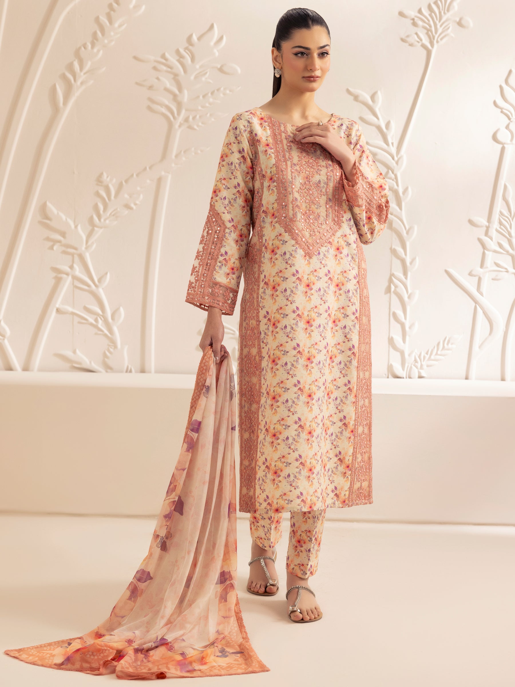 Pakistani Peach Embroidered Printed Silk Lawn Salwar Kameez (3-Piece) - Image 2