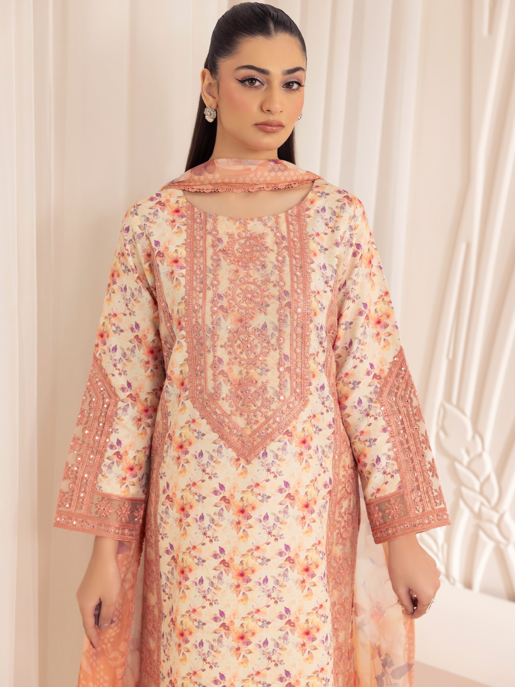 Pakistani Peach Embroidered Printed Silk Lawn Salwar Kameez (3-Piece) - Image 20