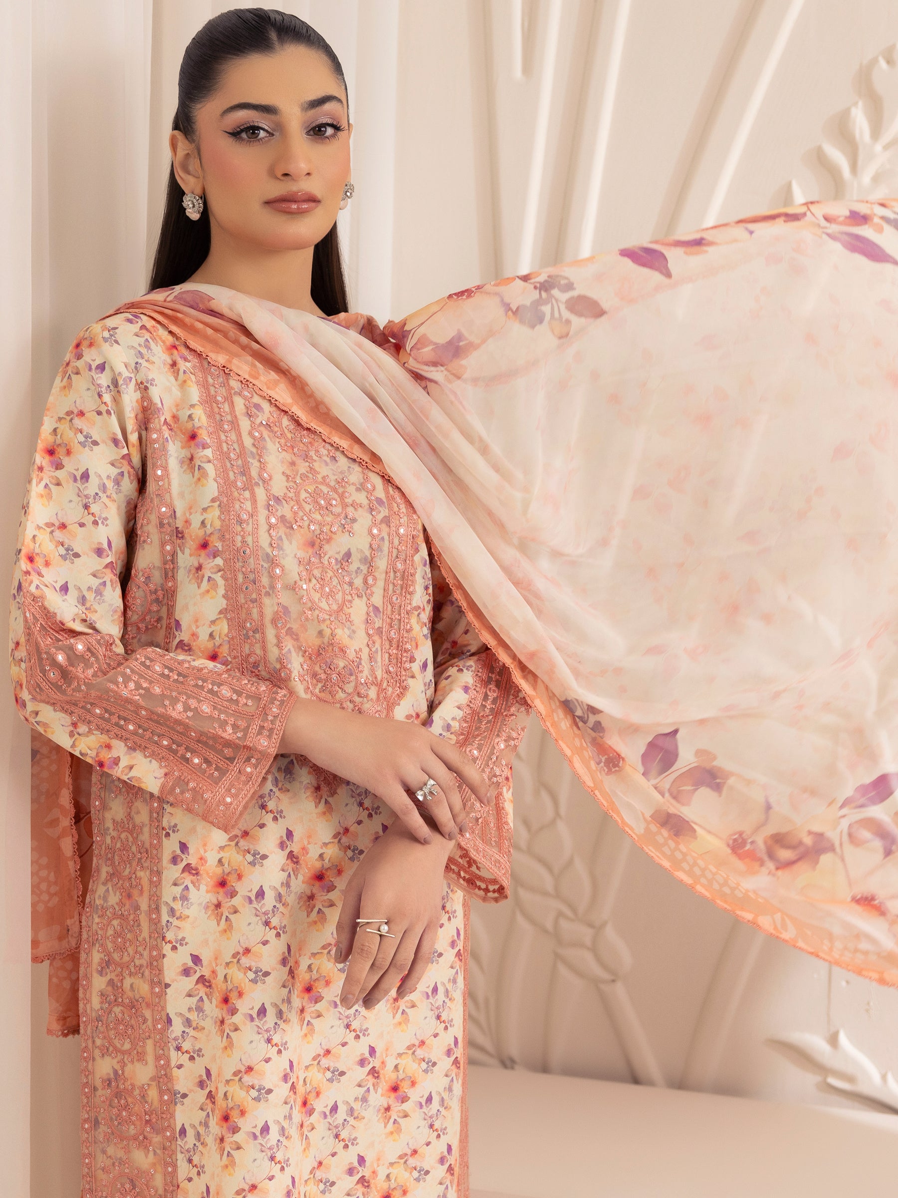 Pakistani Peach Embroidered Printed Silk Lawn Salwar Kameez (3-Piece) - Image 21