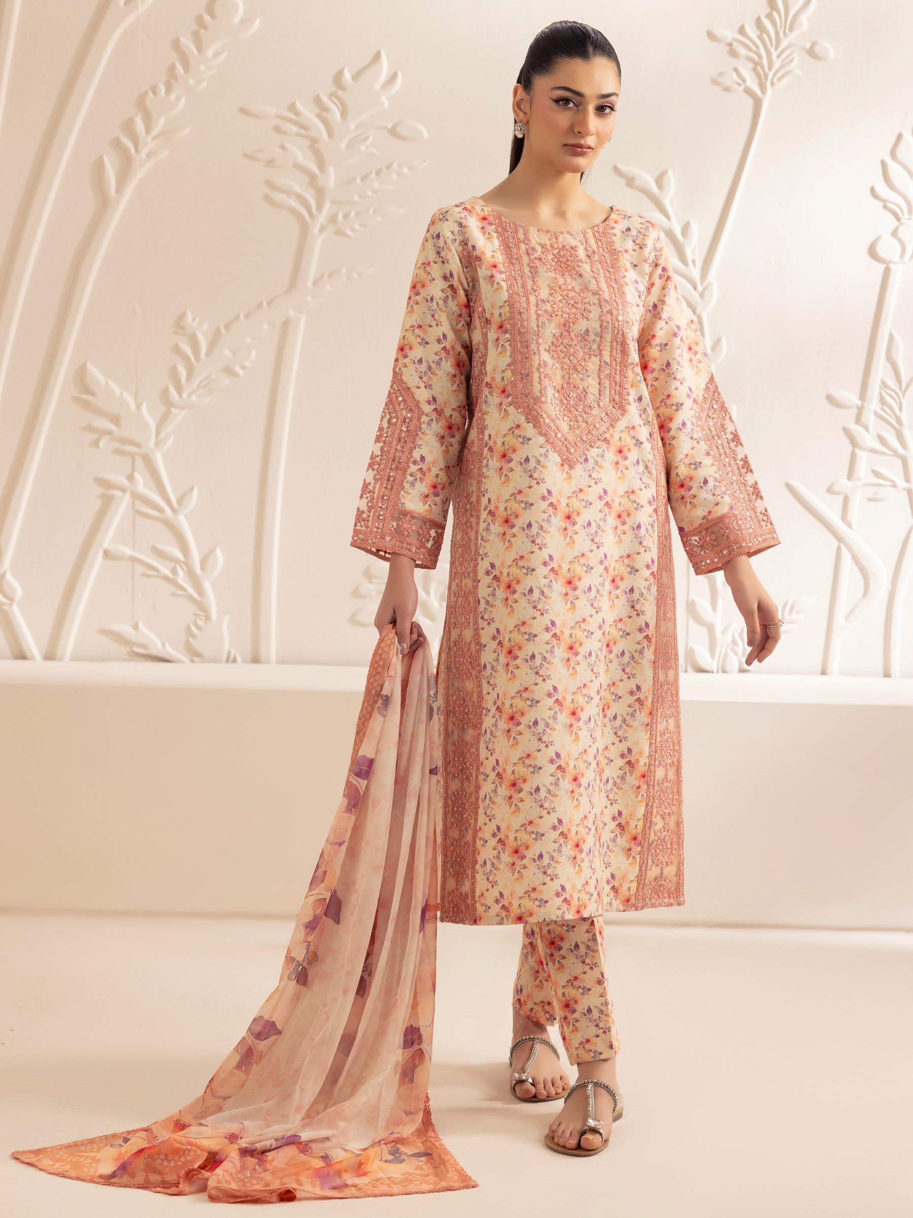 Pakistani Peach Embroidered Printed Silk Lawn Salwar Kameez (3-Piece) - Image 4