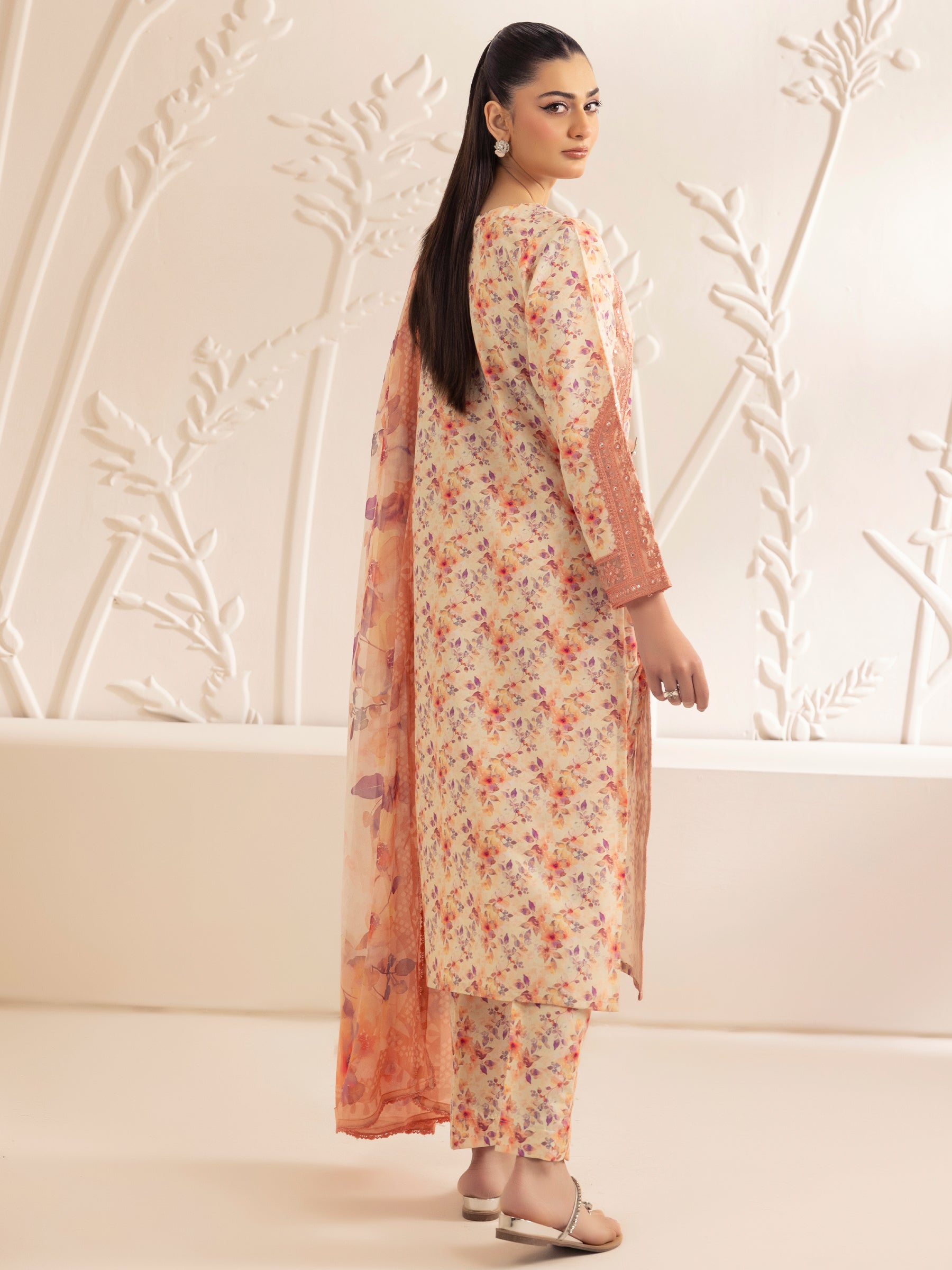 Pakistani Peach Embroidered Printed Silk Lawn Salwar Kameez (3-Piece) - Image 5