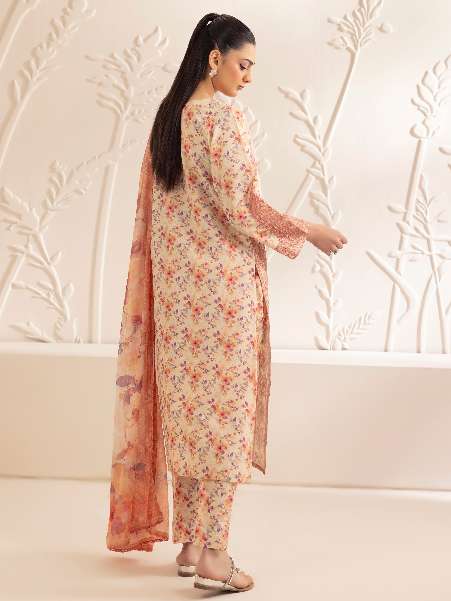 Pakistani Peach Embroidered Printed Silk Lawn Salwar Kameez (3-Piece) - Image 6