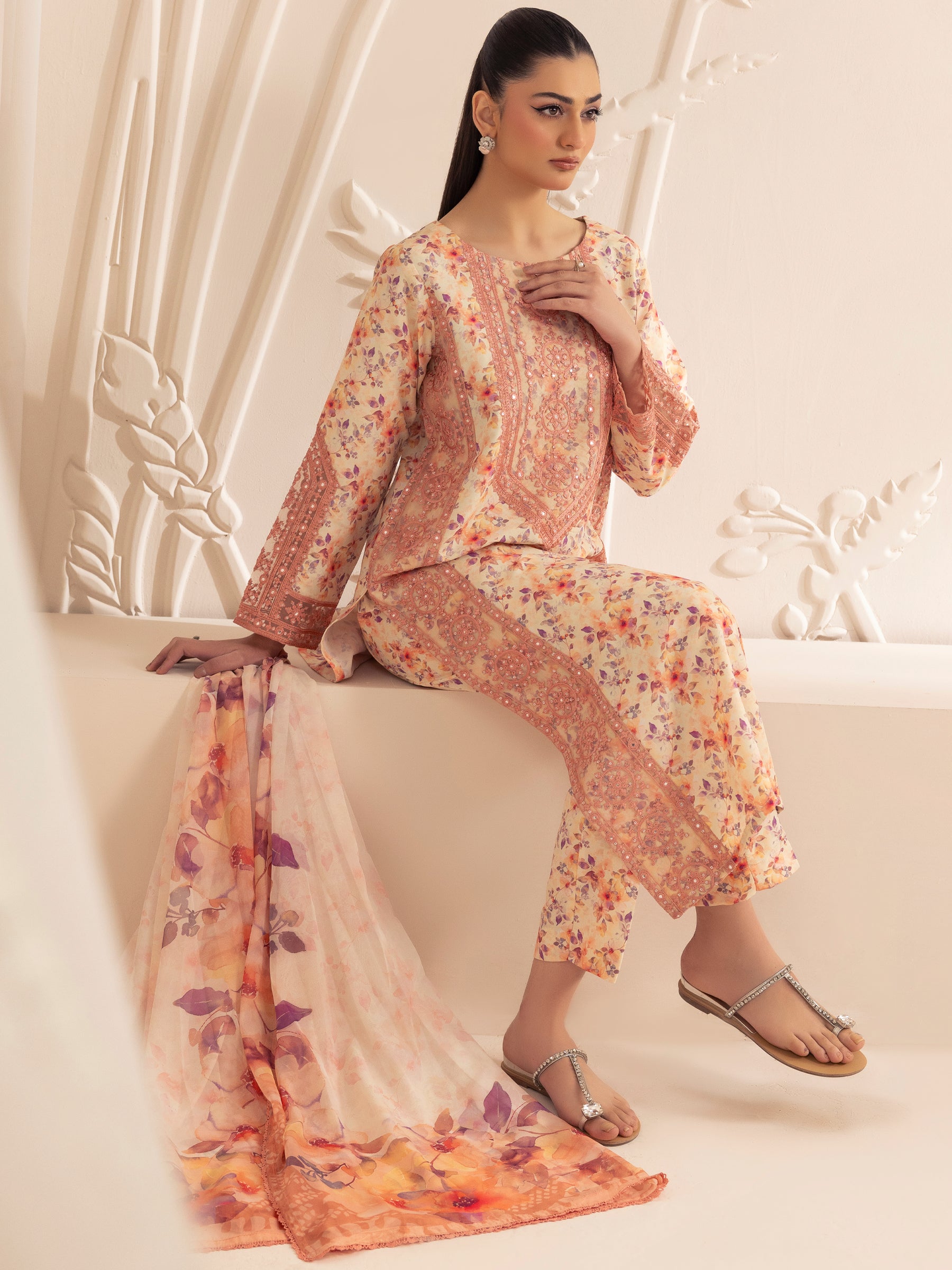 Pakistani Peach Embroidered Printed Silk Lawn Salwar Kameez (3-Piece) - Image 7