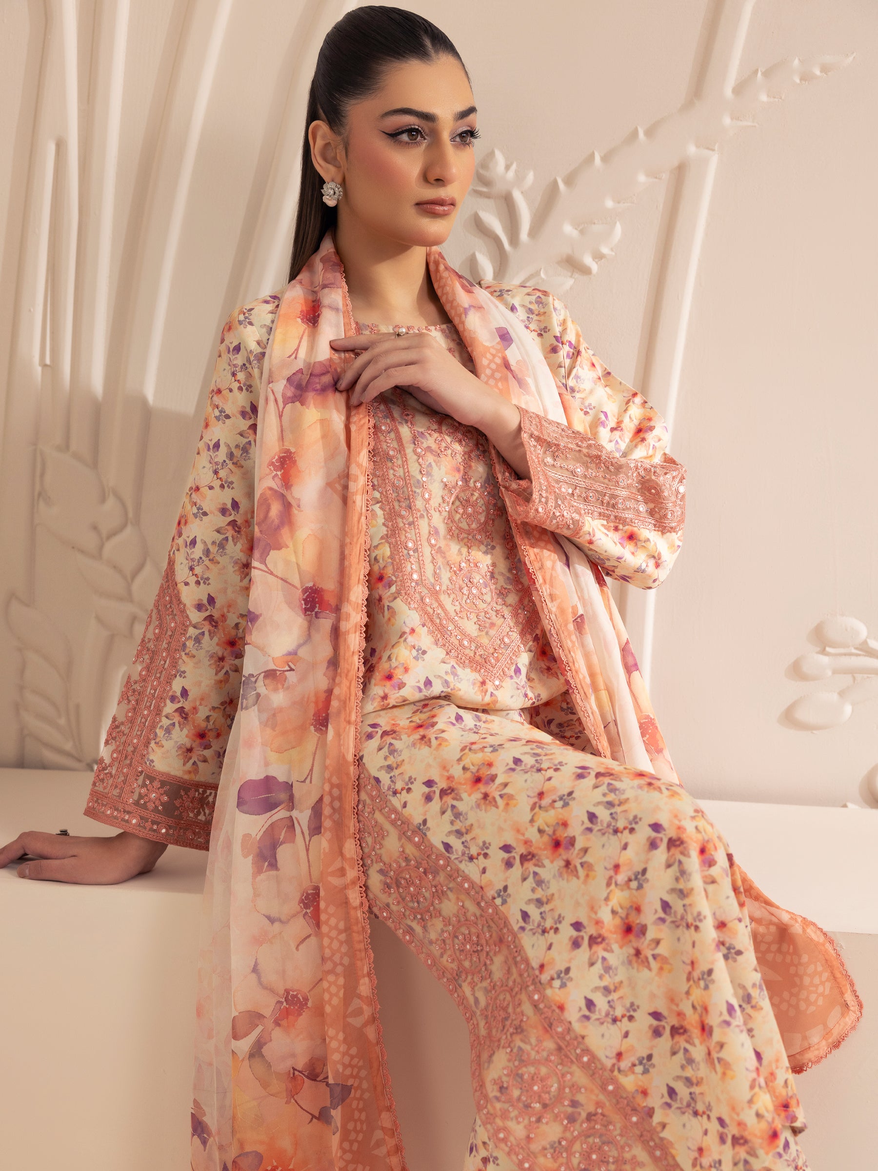 Pakistani Peach Embroidered Printed Silk Lawn Salwar Kameez (3-Piece) - Image 9