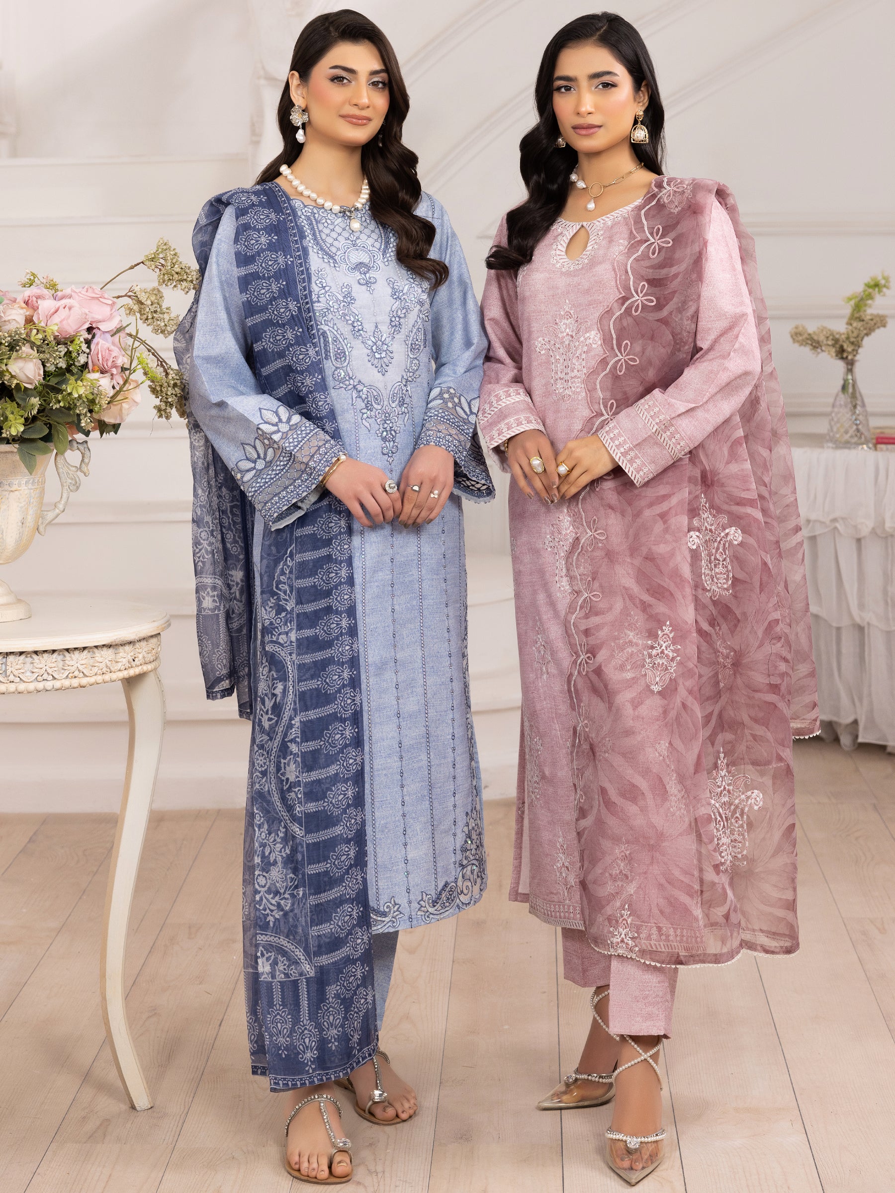 Pakistani Dusty Pink Embroidered Silk Lawn Salwar Kameez (3-Piece) - Image 10