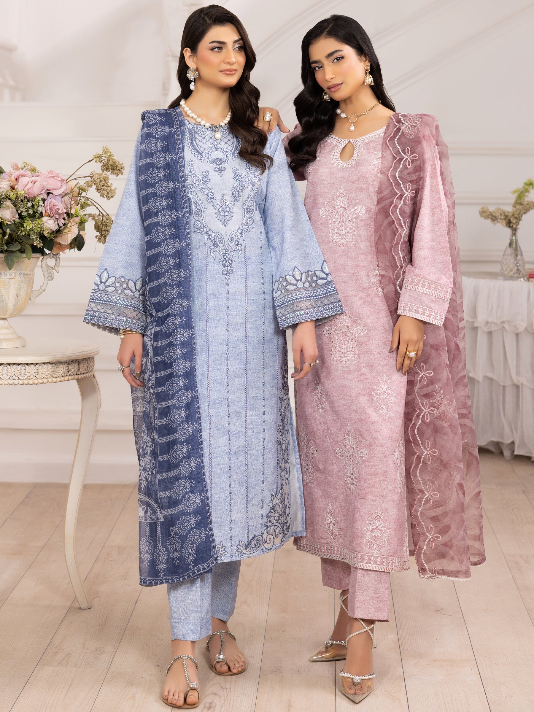 Pakistani Dusty Pink Embroidered Silk Lawn Salwar Kameez (3-Piece) - Image 14