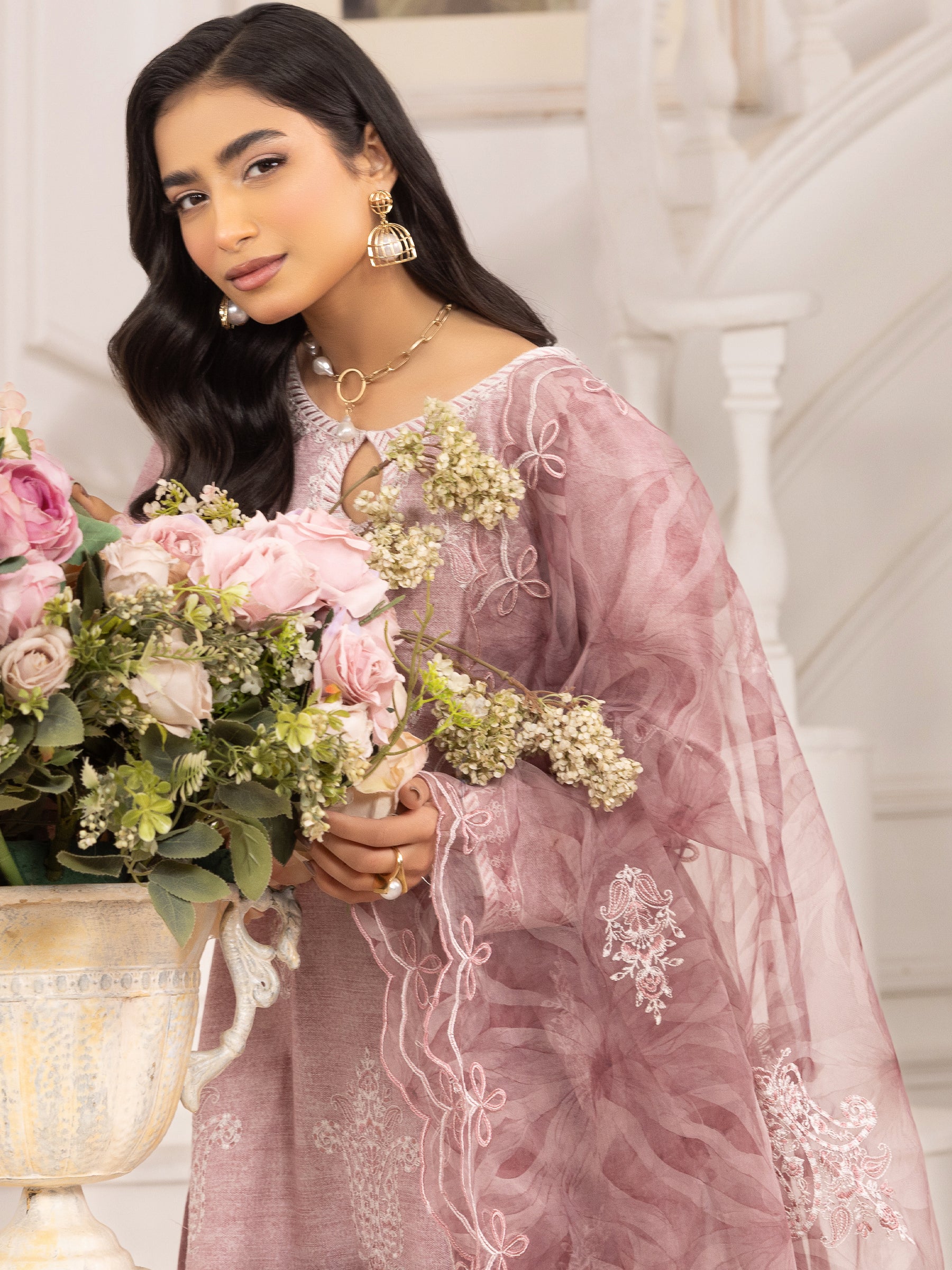 Pakistani Dusty Pink Embroidered Silk Lawn Salwar Kameez (3-Piece) - Image 15