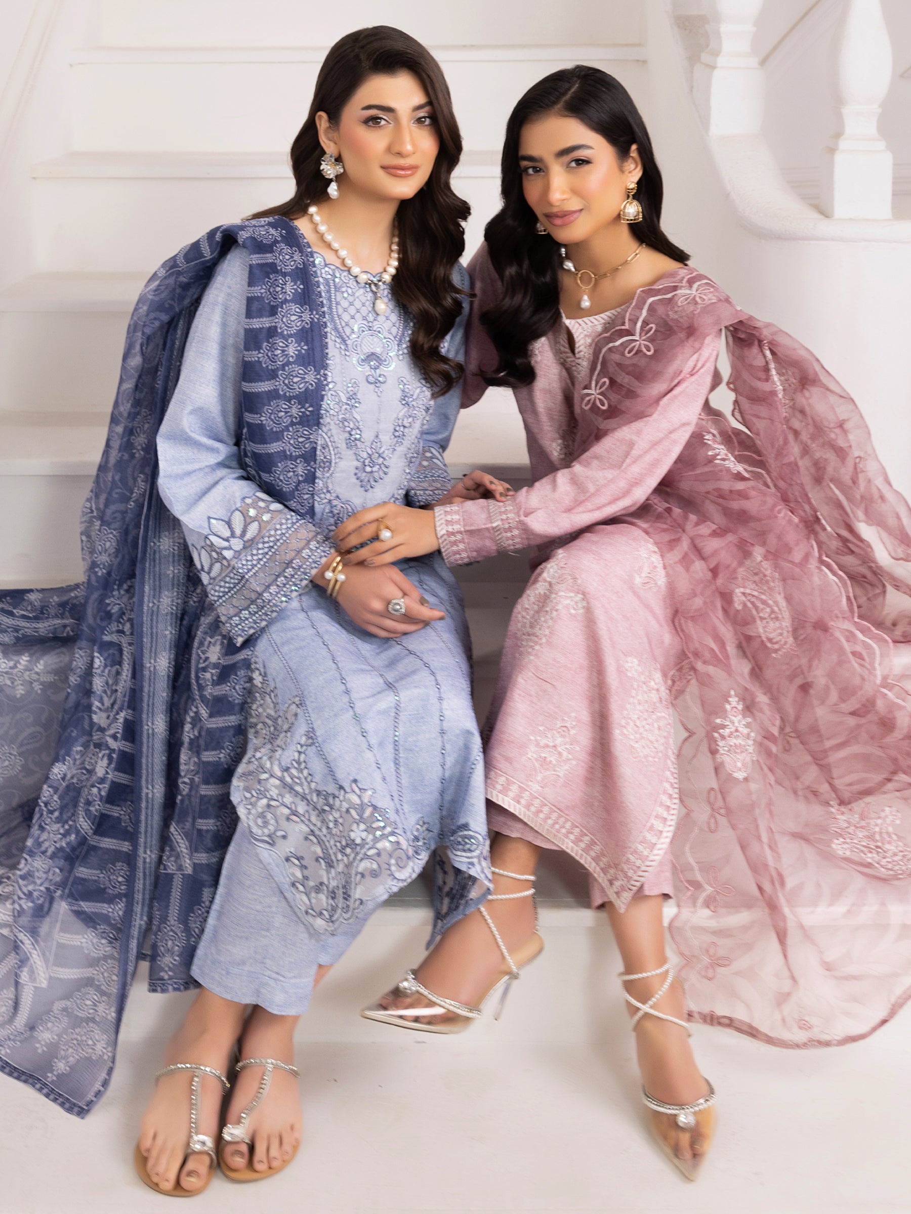 Pakistani Dusty Pink Embroidered Silk Lawn Salwar Kameez (3-Piece) - Image 16