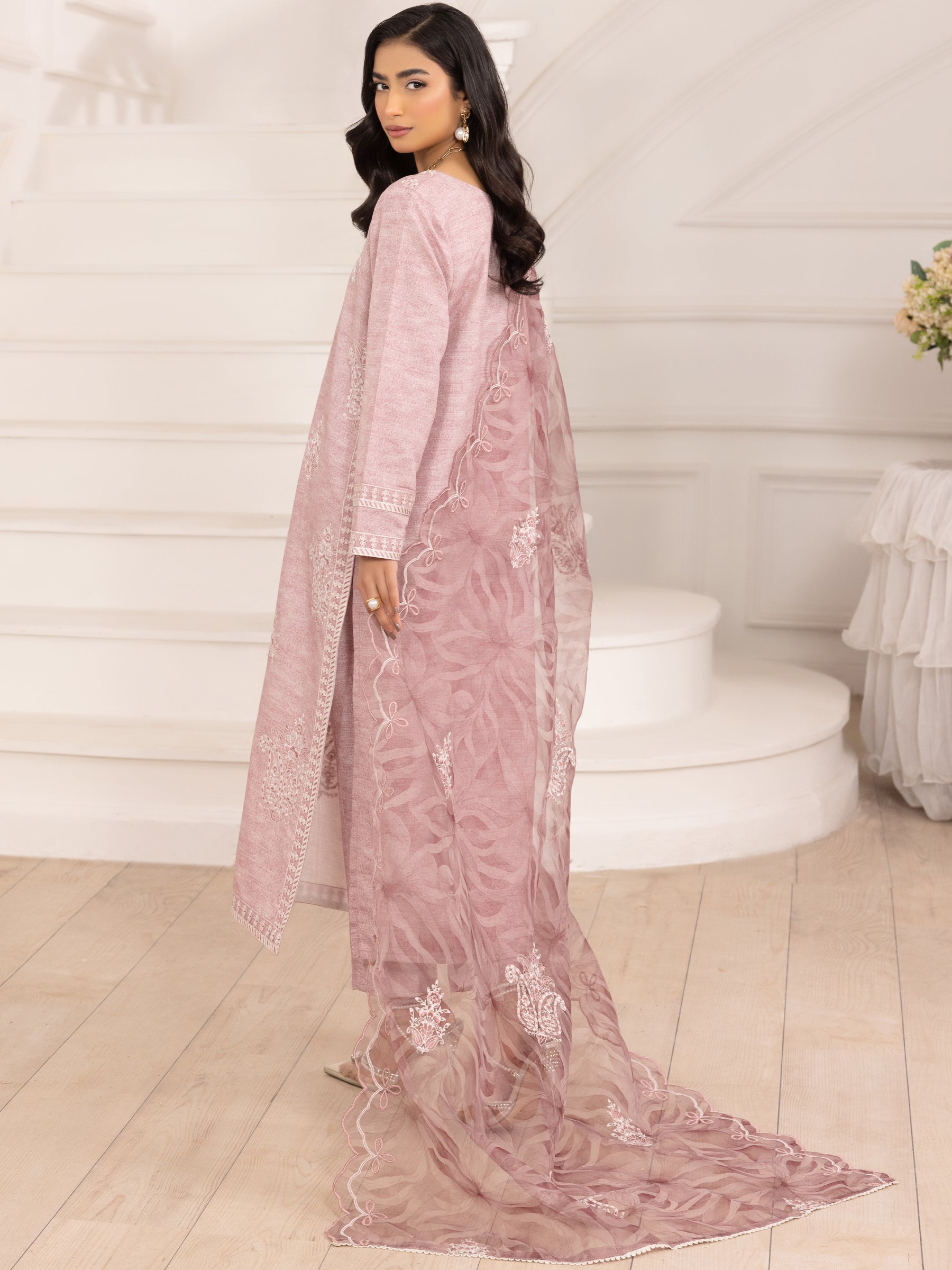 Pakistani Dusty Pink Embroidered Silk Lawn Salwar Kameez (3-Piece) - Image 2