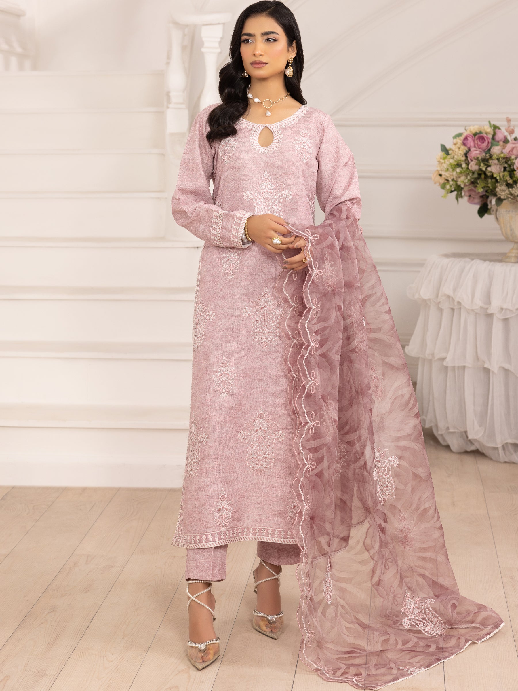 Pakistani Dusty Pink Embroidered Silk Lawn Salwar Kameez (3-Piece) - Image 4