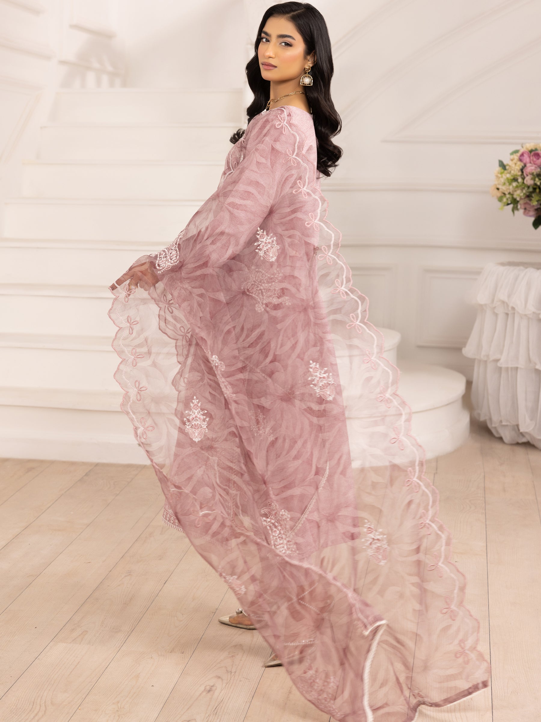 Pakistani Dusty Pink Embroidered Silk Lawn Salwar Kameez (3-Piece) - Image 5