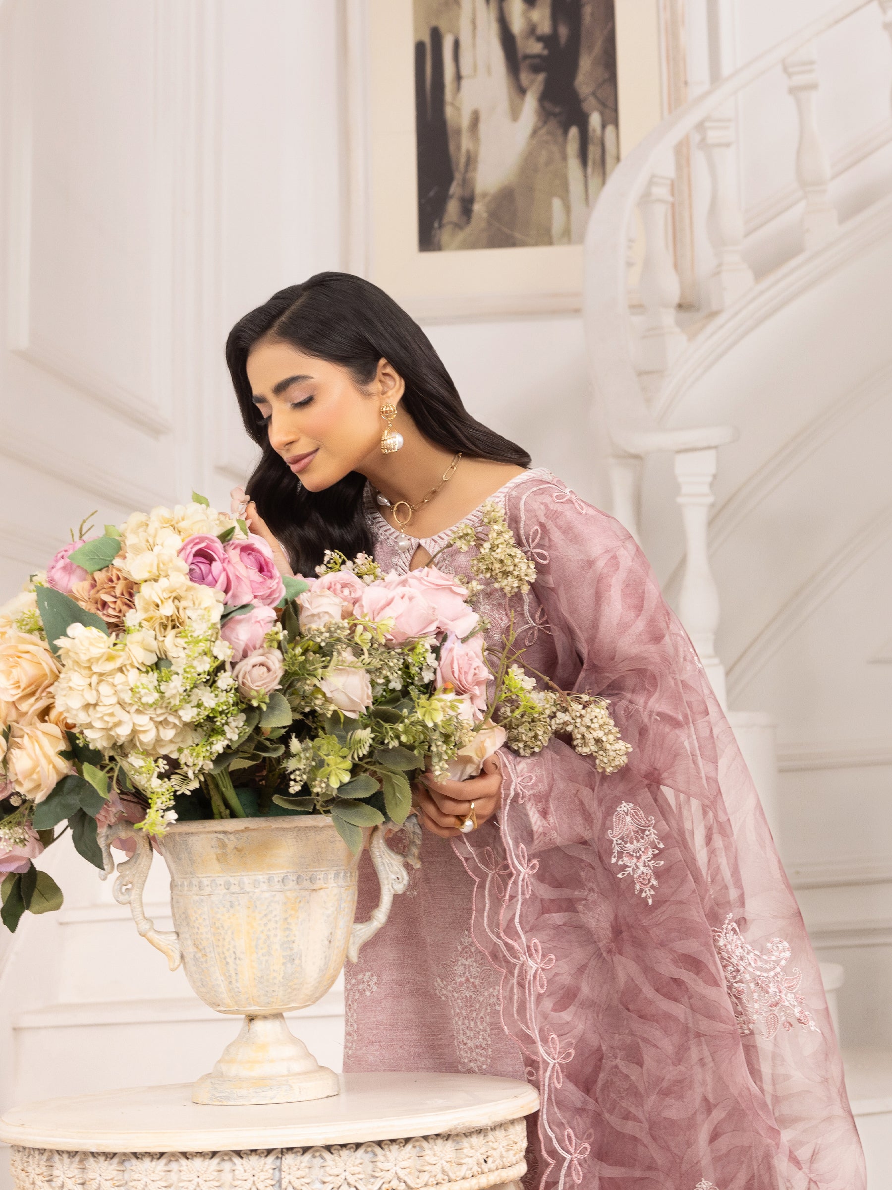 Pakistani Dusty Pink Embroidered Silk Lawn Salwar Kameez (3-Piece) - Image 7