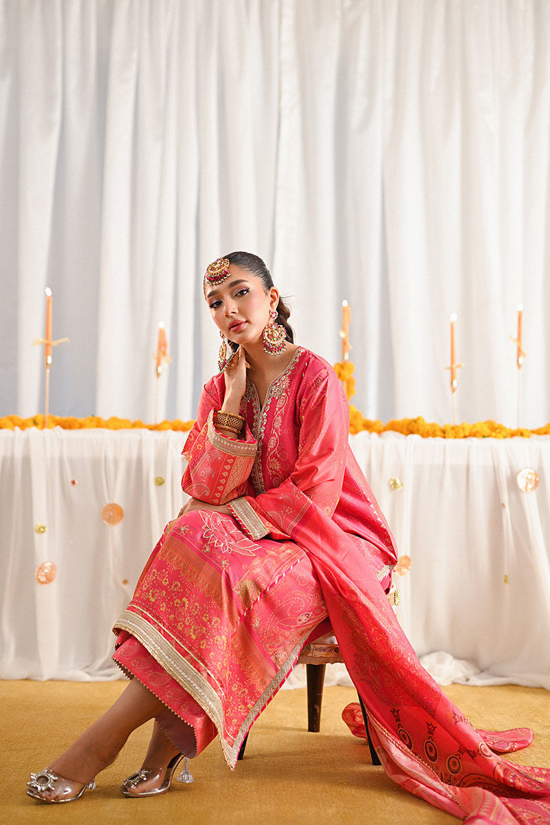 Fuchsia Watermelon Embellished Silk Salwar Kameez (3-Piece) - Image 4