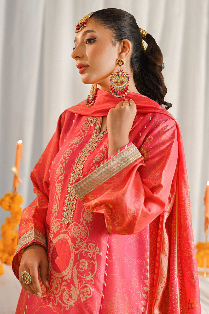 Fuchsia Watermelon Embellished Silk Salwar Kameez (3-Piece) - Image 6