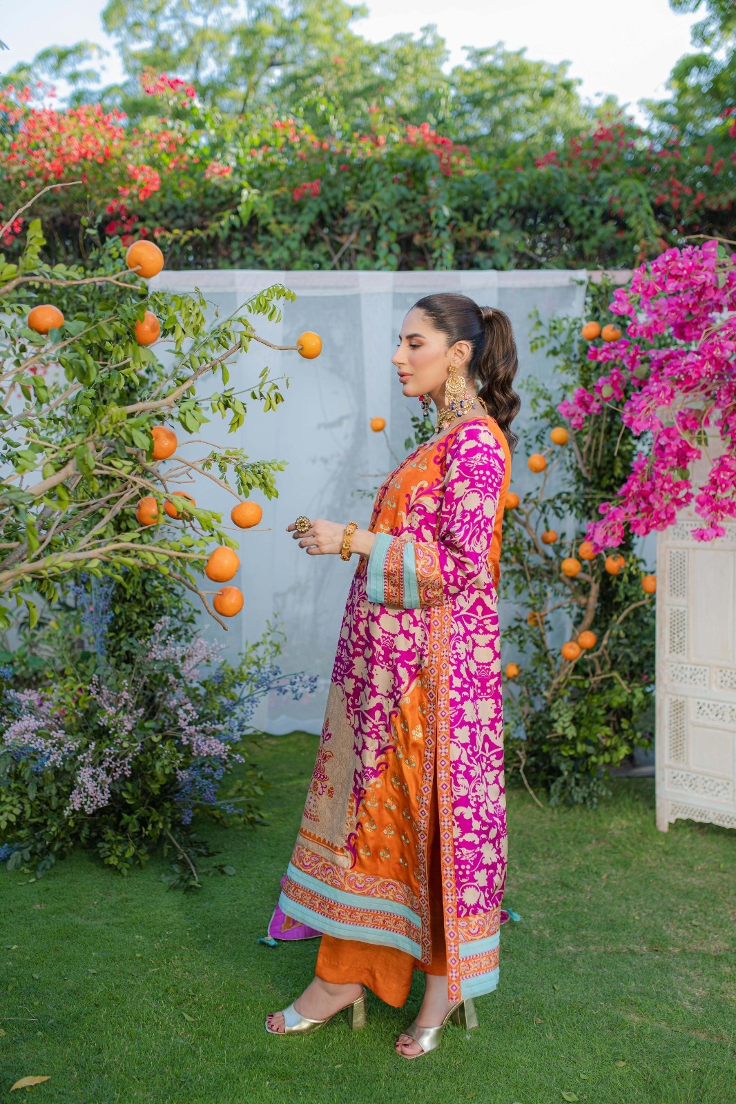 Pakistani Hot Pink Printed Medium Silk Kurta Set (3-Piece) - Image 3