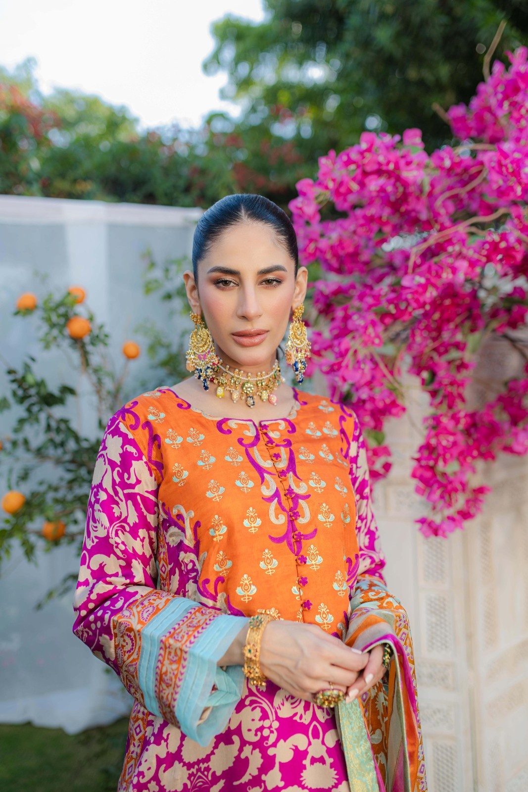 Pakistani Hot Pink Printed Medium Silk Kurta Set (3-Piece) - Image 5