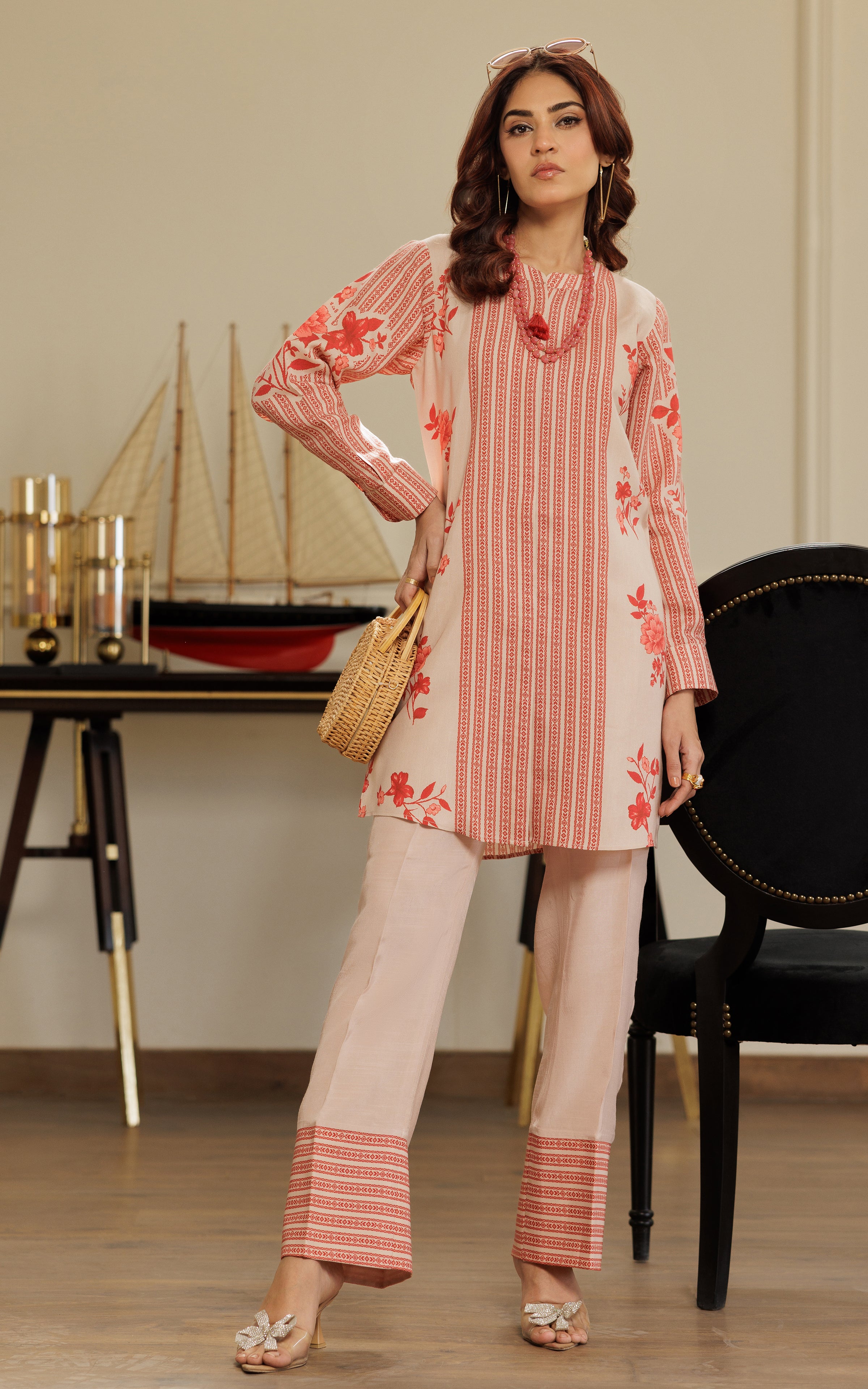 Pakistani Peach Red Printed Silk Salwar Kameez (2-Piece) - Image 1