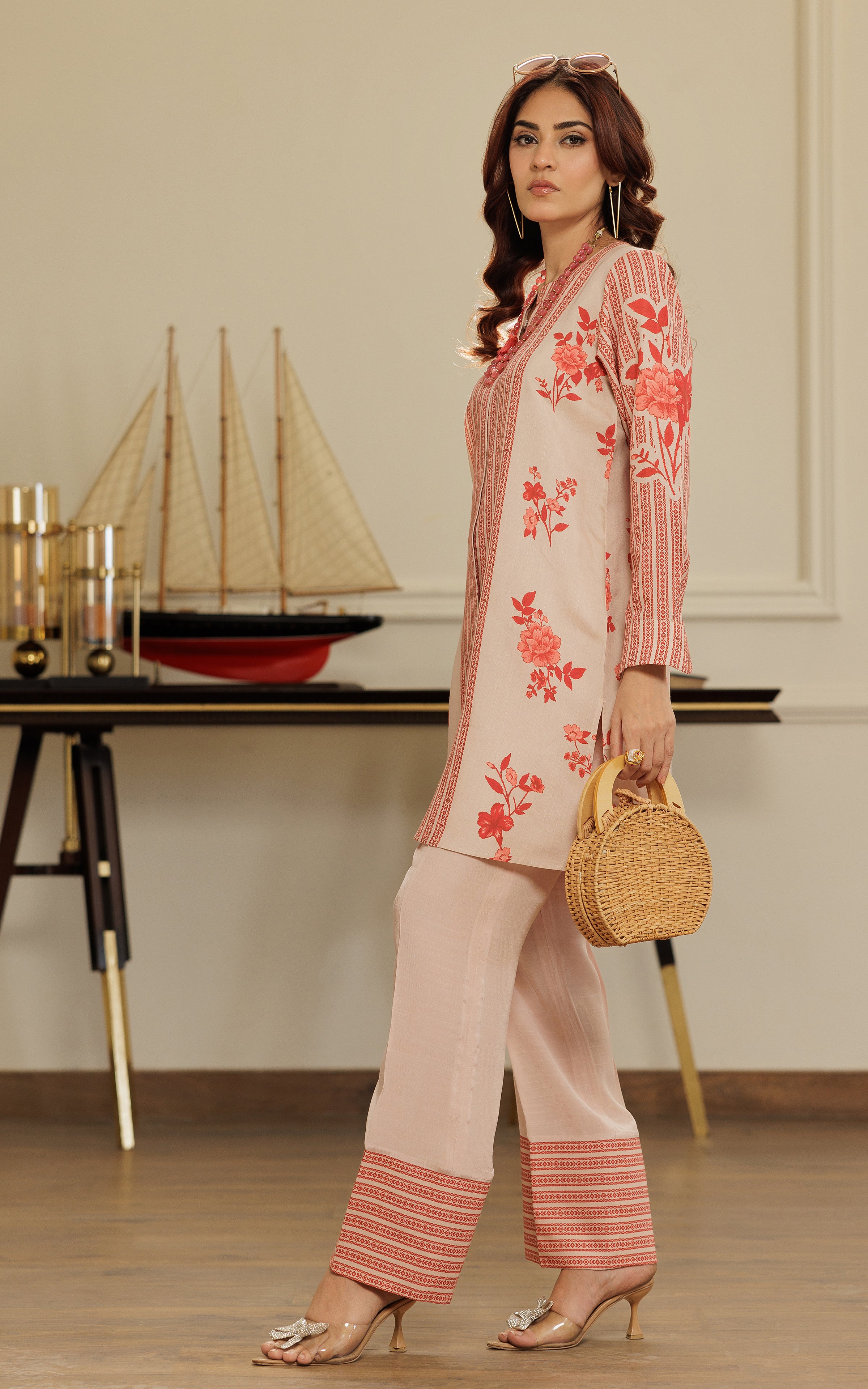 Pakistani Peach Red Printed Silk Salwar Kameez (2-Piece) - Image 3