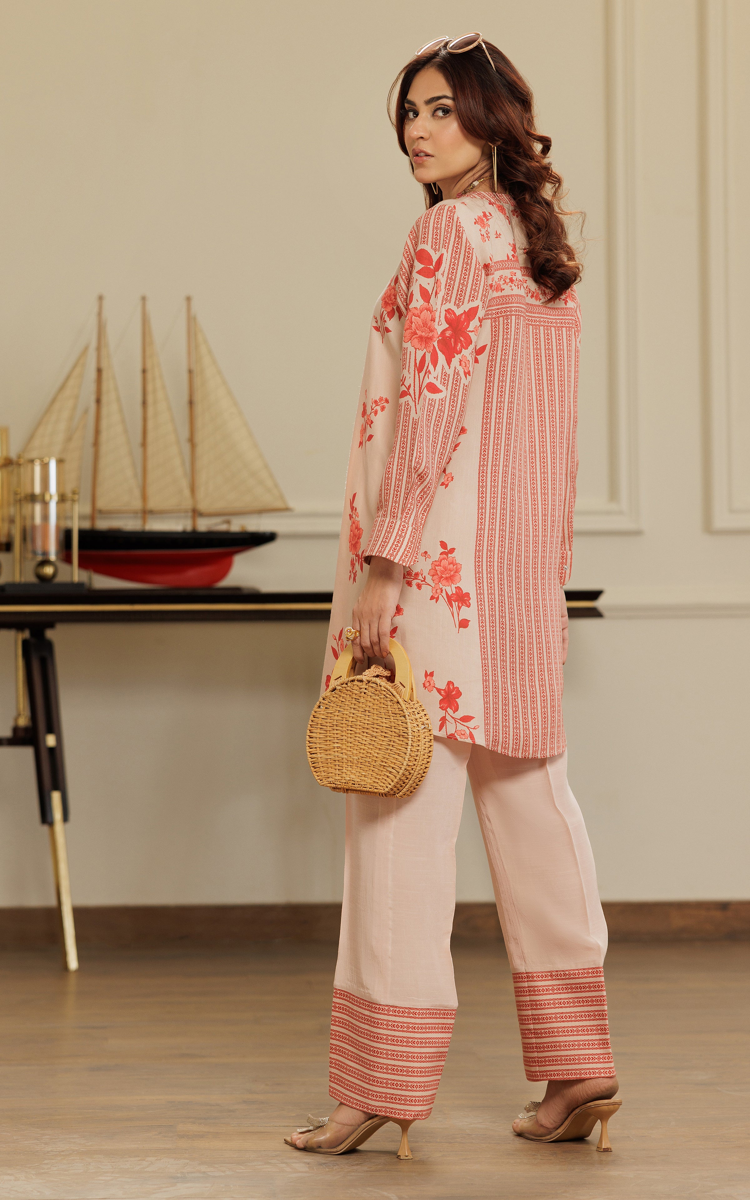 Pakistani Peach Red Printed Silk Salwar Kameez (2-Piece) - Image 4