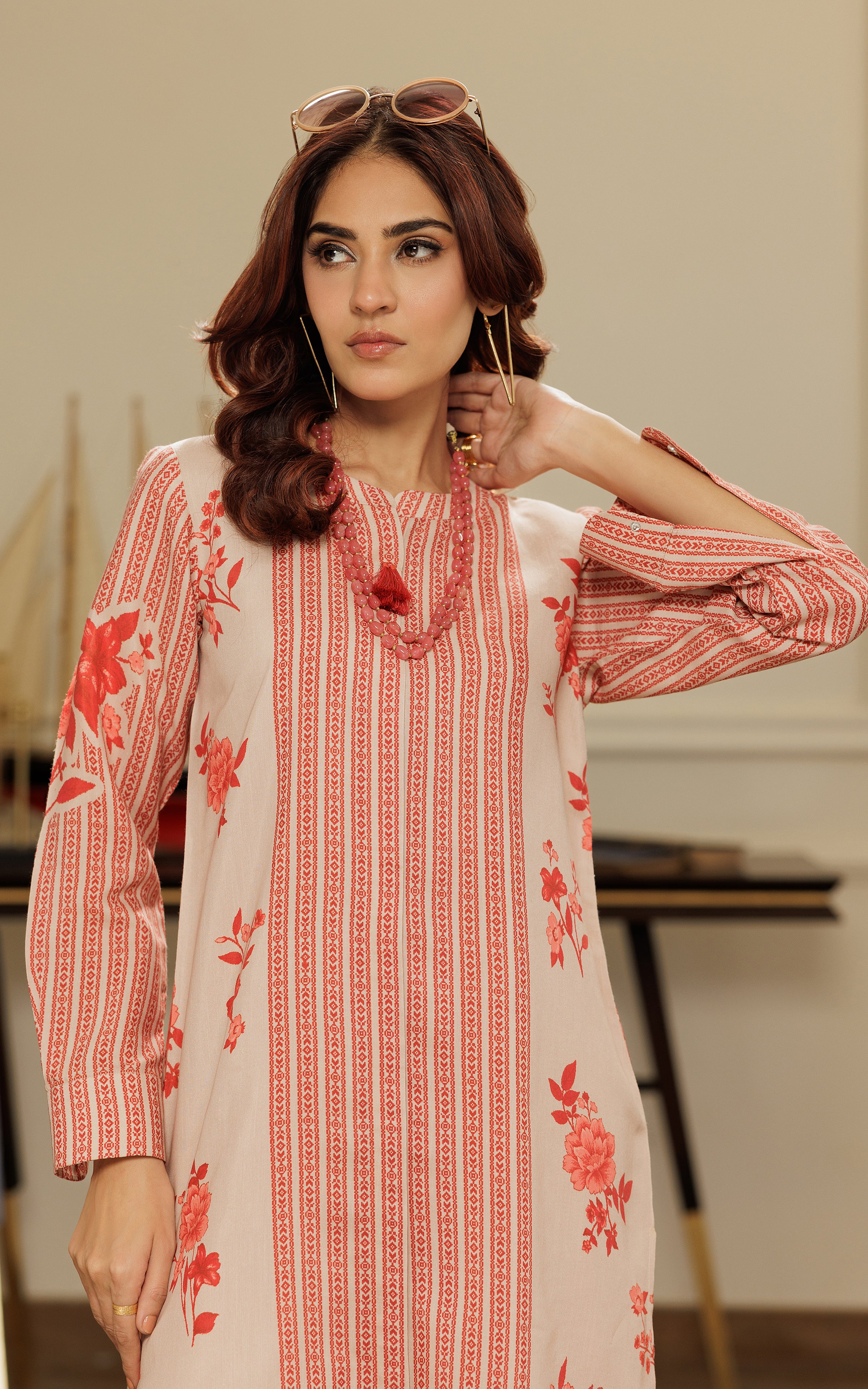 Pakistani Peach Red Printed Silk Salwar Kameez (2-Piece) - Image 5