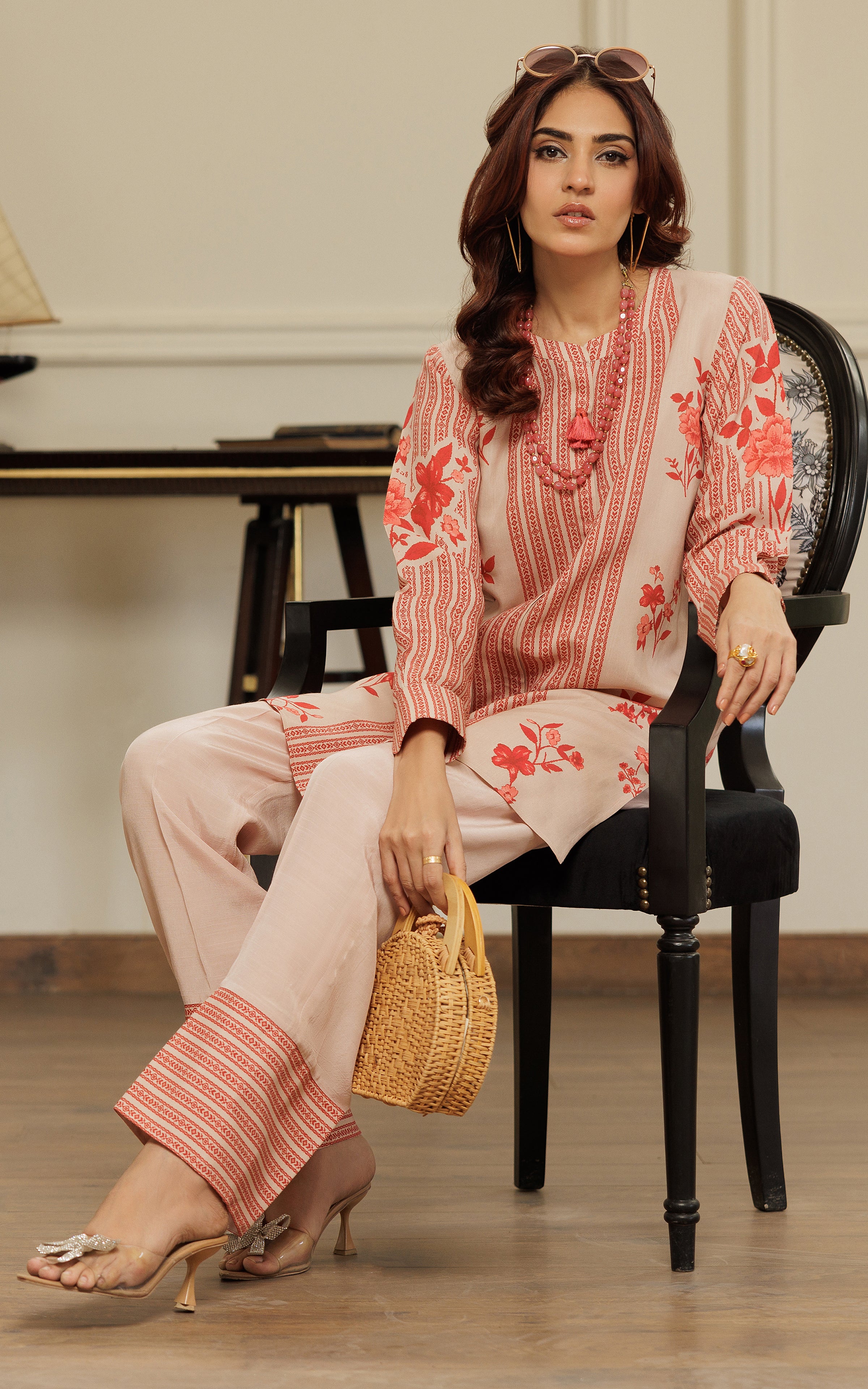 Pakistani Peach Red Printed Silk Salwar Kameez (2-Piece) - Image 6