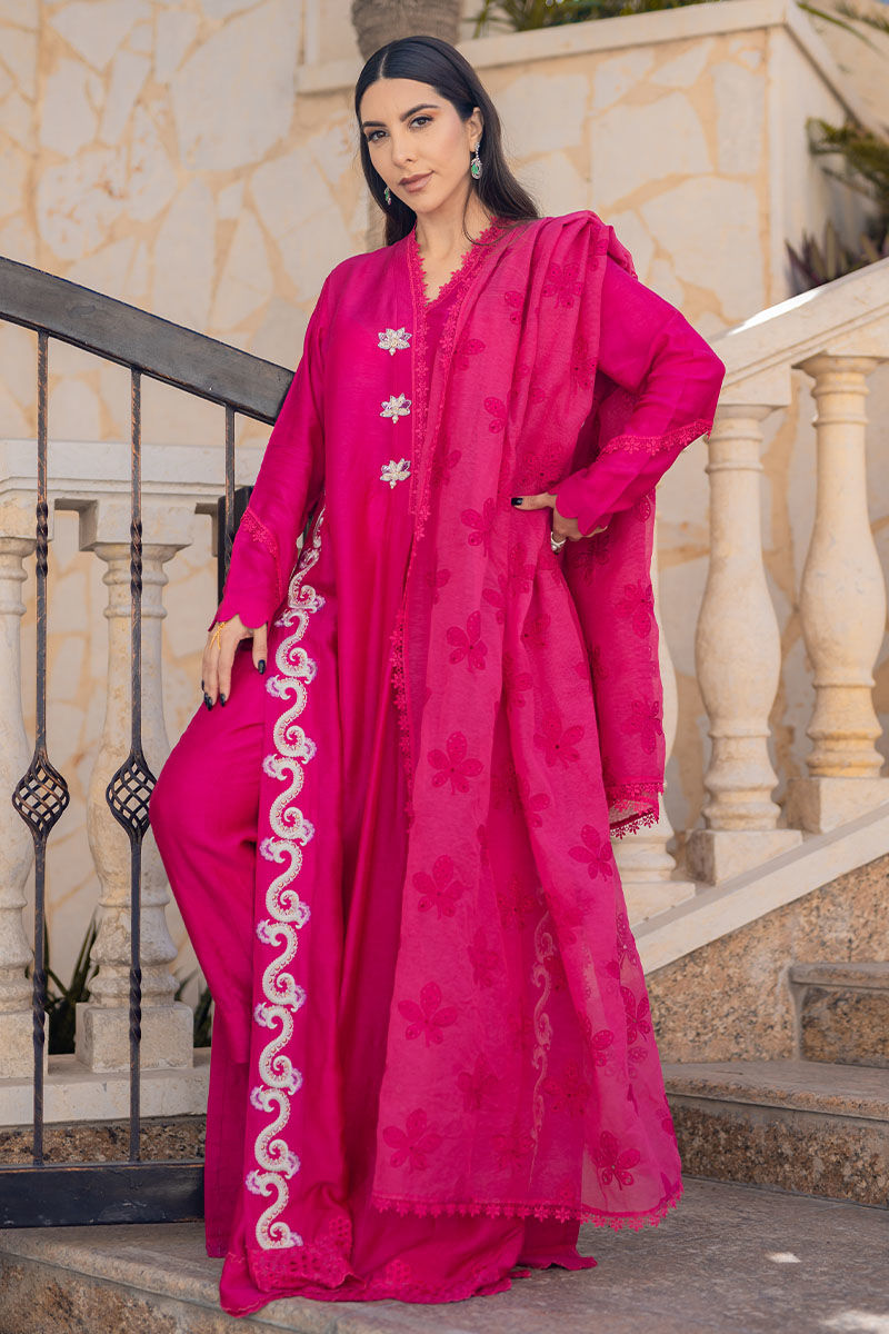 Pakistani Hot Pink Embroidered Silk Salwar Kameez (3-Piece) - Image 1