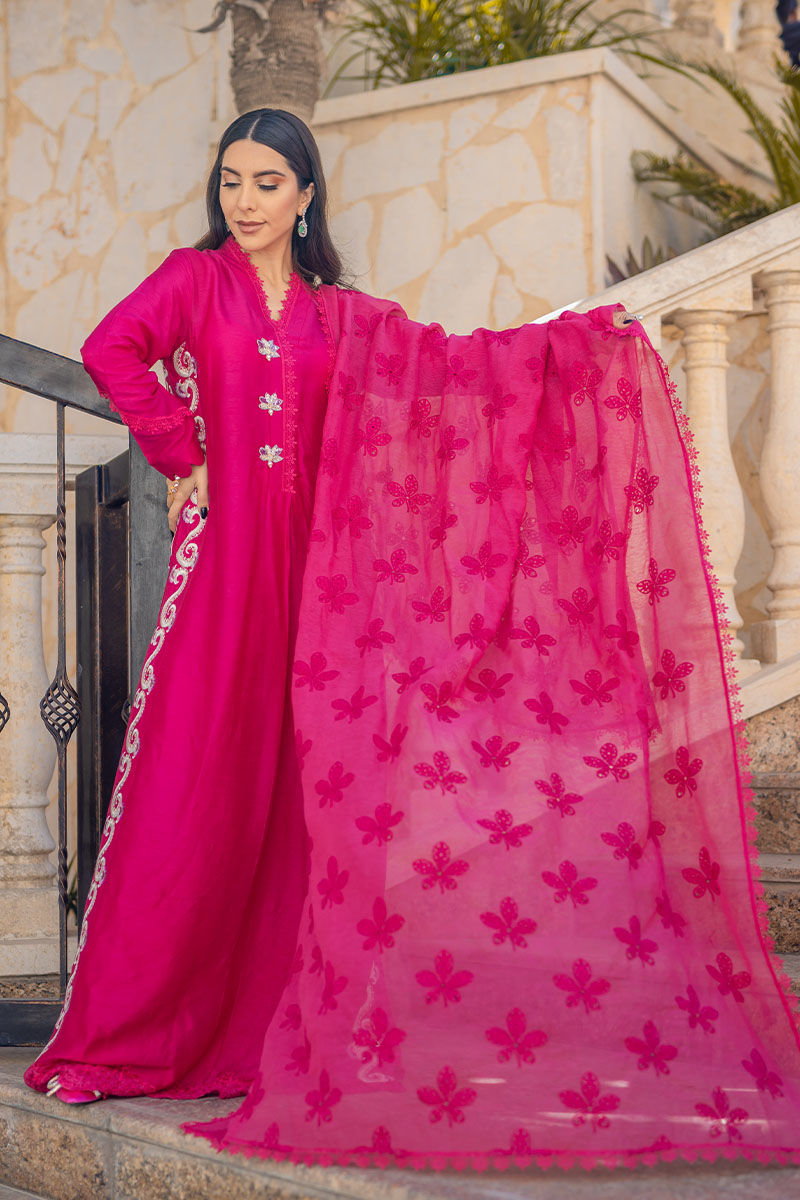 Pakistani Hot Pink Embroidered Silk Salwar Kameez (3-Piece) - Image 4