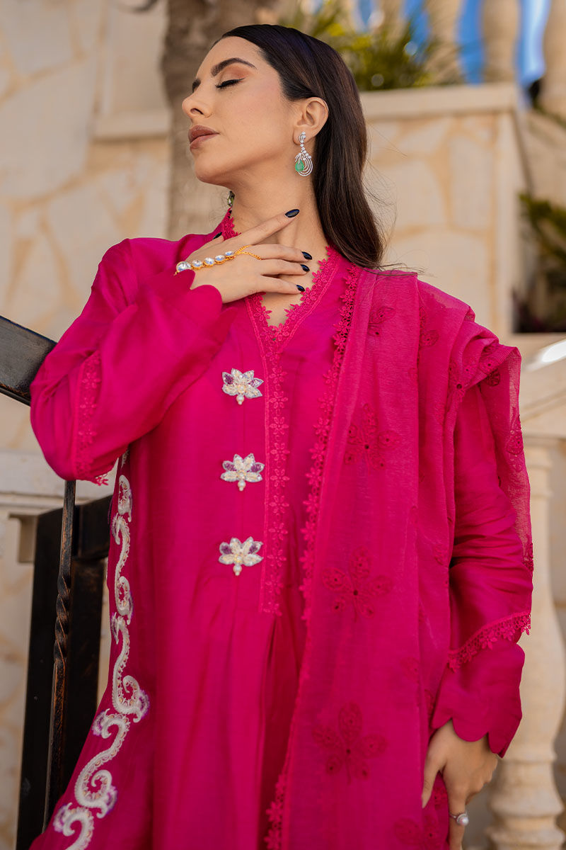 Pakistani Hot Pink Embroidered Silk Salwar Kameez (3-Piece) - Image 5