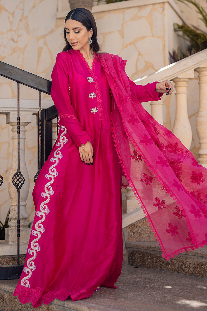 Pakistani Hot Pink Embroidered Silk Salwar Kameez (3-Piece) - Image 6