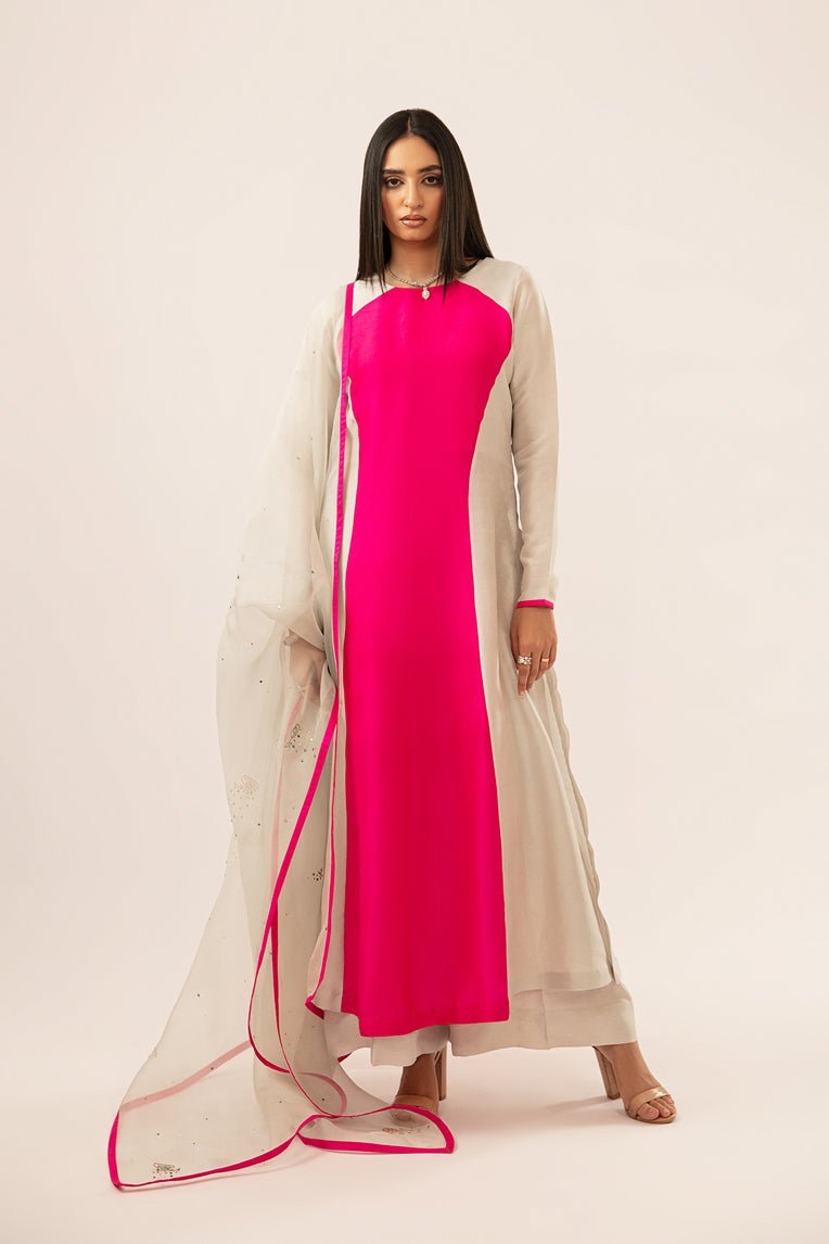 Pakistani Hot Pink & Grey Embroidered Silk Salwar Kameez (3-Piece) - Image 1