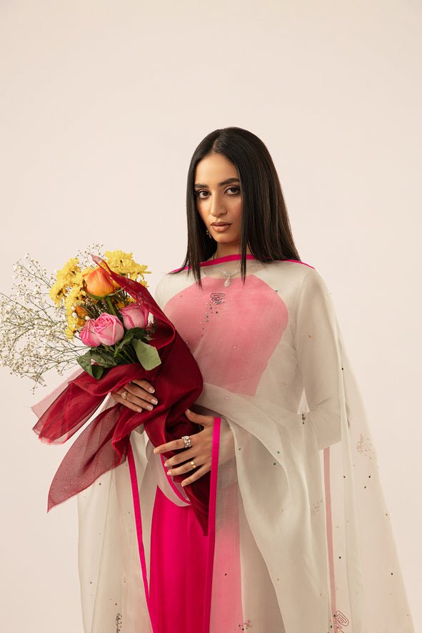 Pakistani Hot Pink & Grey Embroidered Silk Salwar Kameez (3-Piece) - Image 3