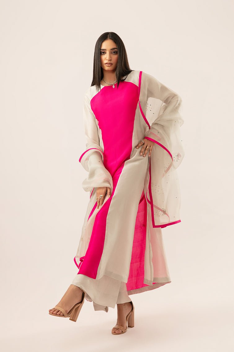 Pakistani Hot Pink & Grey Embroidered Silk Salwar Kameez (3-Piece) - Image 4