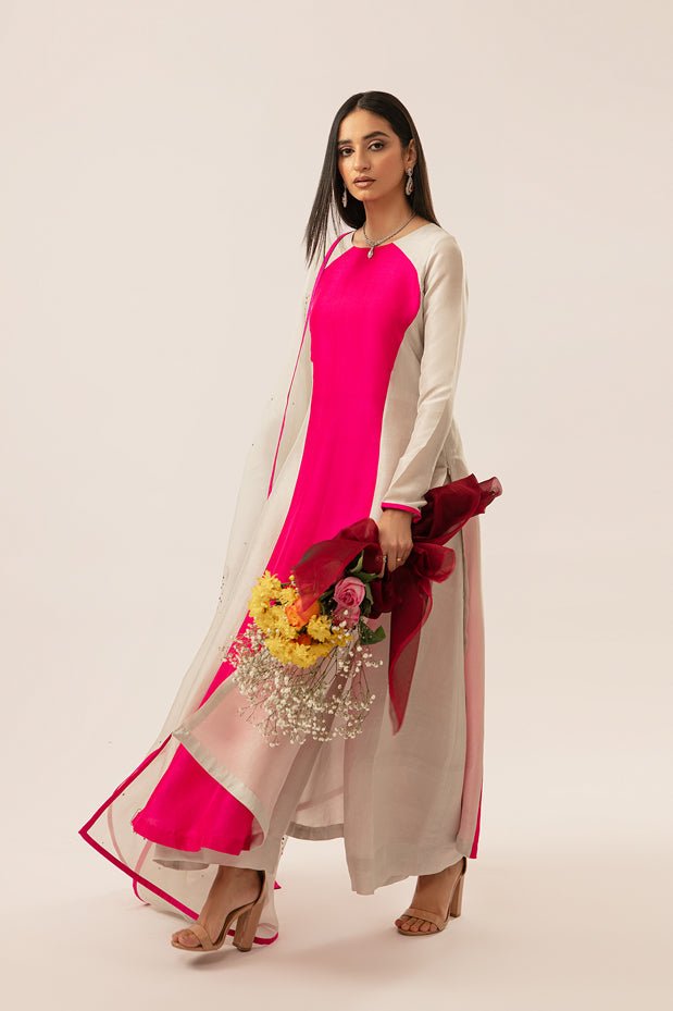Pakistani Hot Pink & Grey Embroidered Silk Salwar Kameez (3-Piece) - Image 5