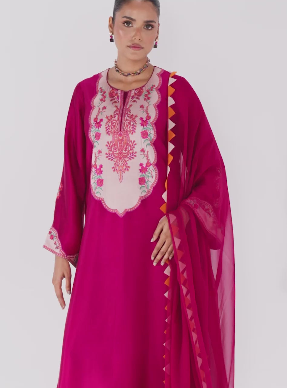 Fuchsia Pink Embroidered Silk Salwar Kameez (3-Piece) - Image 2