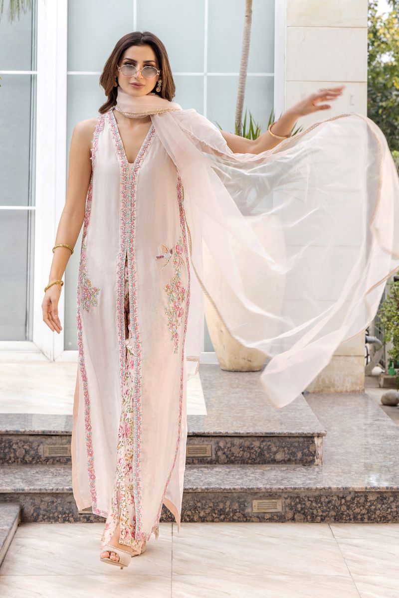 Pakistani Pastel Pink Embroidered Pure Silk Salwar Kameez (3-Piece) - Image 1