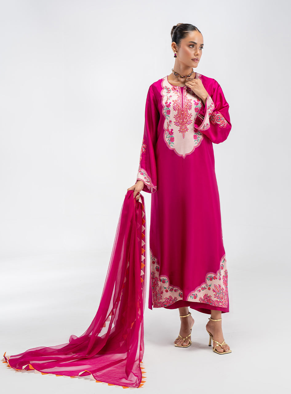 Fuchsia Pink Embroidered Silk Salwar Kameez (3-Piece) - Image 1
