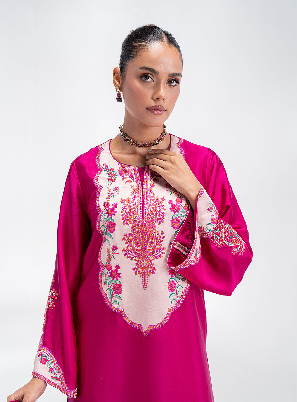 Fuchsia Pink Embroidered Silk Salwar Kameez (3-Piece) - Image 2