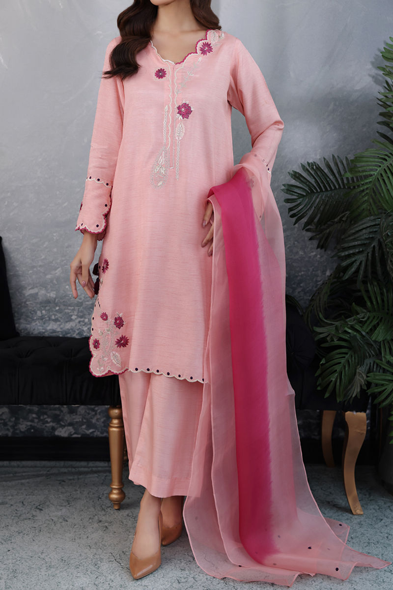 Pink Magenta Embroidered Silk Salwar Kameez (3-Piece) - Image 1