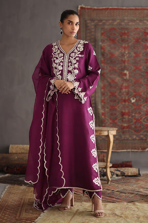 Pakistani Magenta Embroidered Silk Salwar Kameez (3-Piece) - Image 1