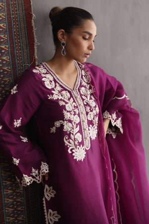 Pakistani Magenta Embroidered Silk Salwar Kameez (3-Piece) - Image 2