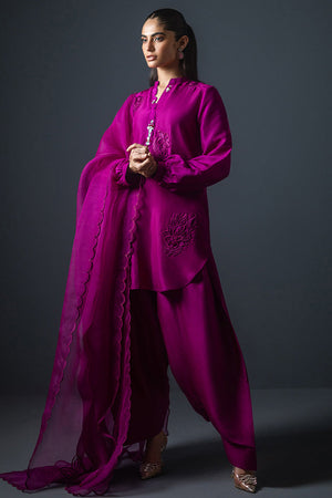 Pakistani Magenta Embroidered Silk Salwar Kameez (3-Piece) - Image 2