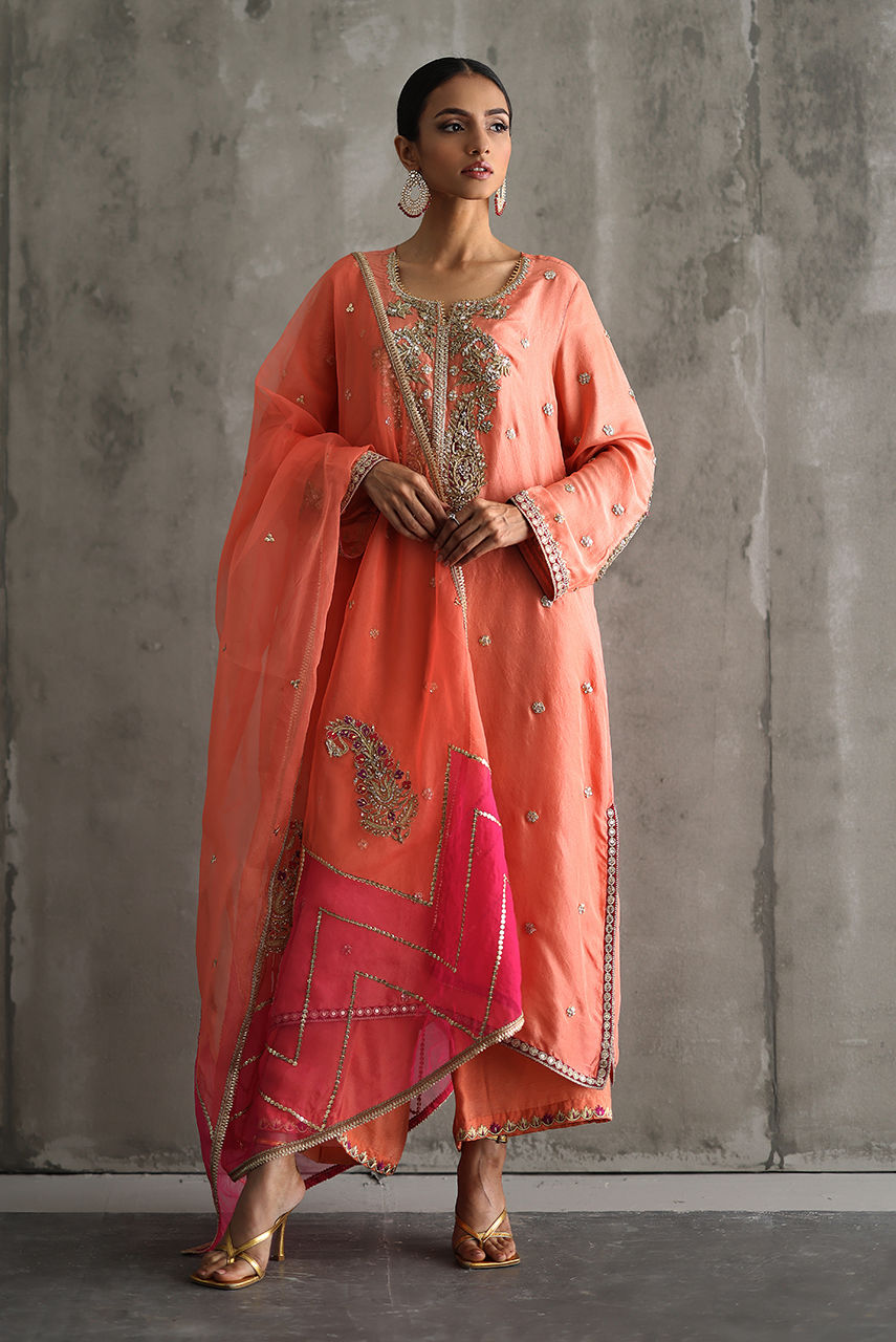 Pakistani Coral Zardozi Embroidered Silk Salwar Kameez (3-Piece) - Image 1