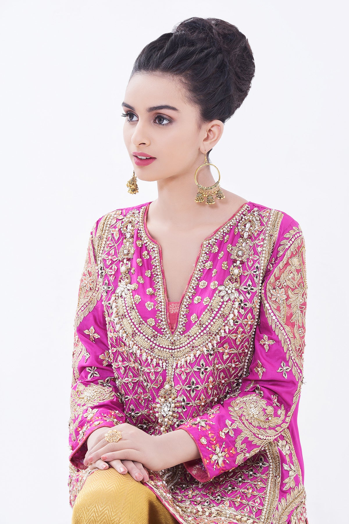 Pakistani Hot Pink Zardozi Silk Kurta with Jamawar Shalwar (2-Piece) - Image 1