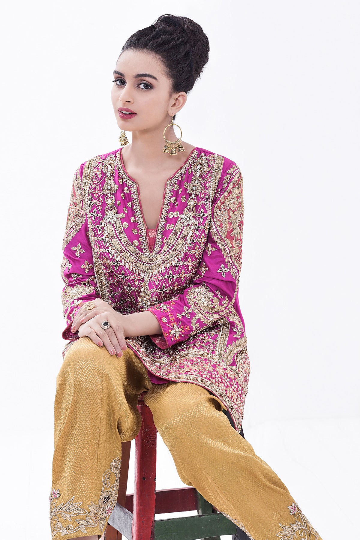 Pakistani Hot Pink Zardozi Silk Kurta with Jamawar Shalwar (2-Piece) - Image 2