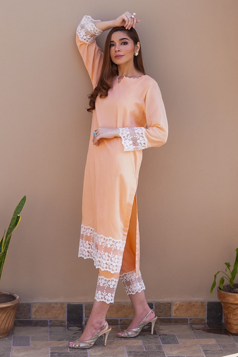 Peach Lace & Pearl Swiss Voile Salwar Kameez (3-Piece) - Image 1