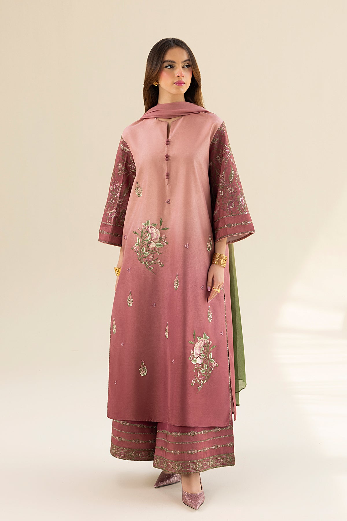Blush Ombre Embroidered Tassel Silk Salwar Kameez (3-Piece) - Image 1