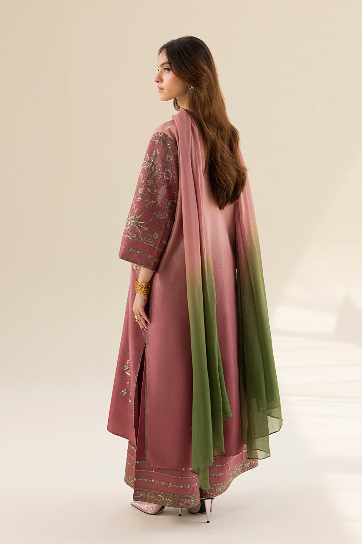 Blush Ombre Embroidered Tassel Silk Salwar Kameez (3-Piece) - Image 10