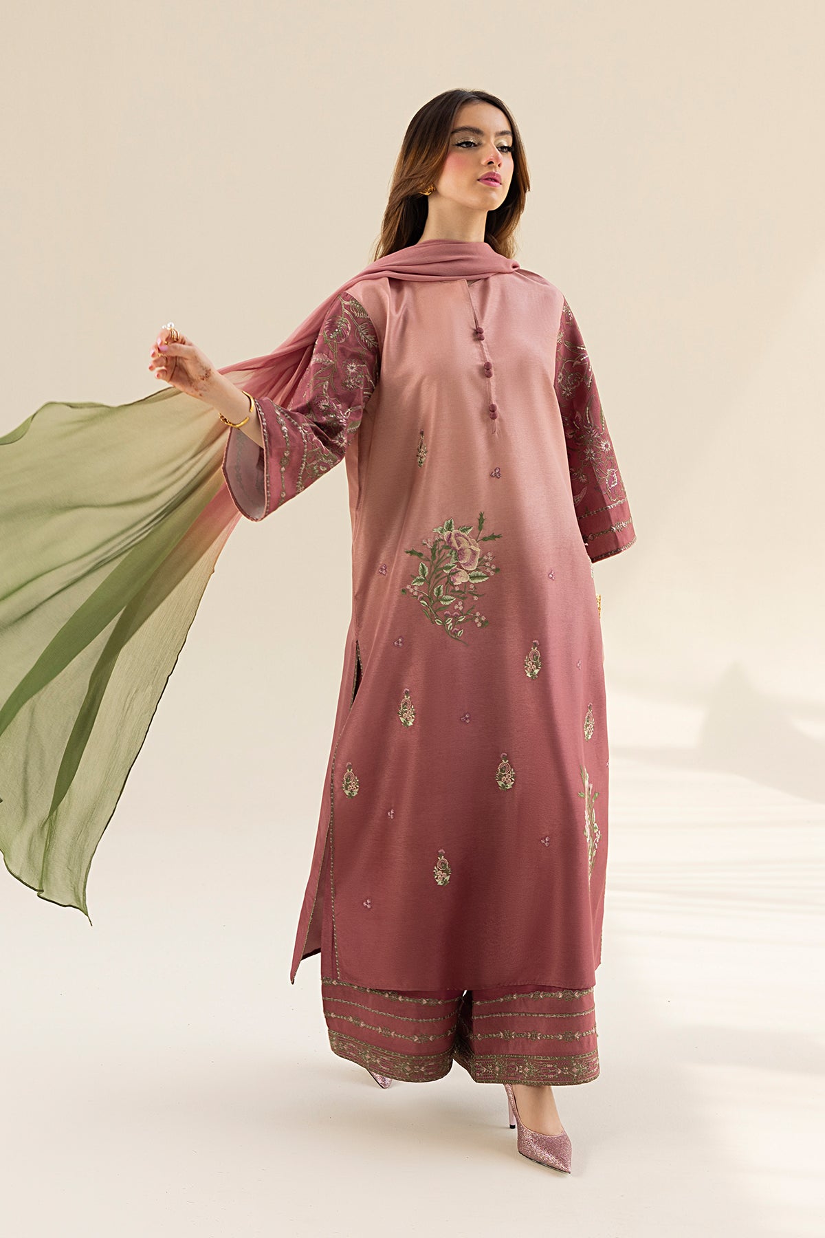 Blush Ombre Embroidered Tassel Silk Salwar Kameez (3-Piece) - Image 14