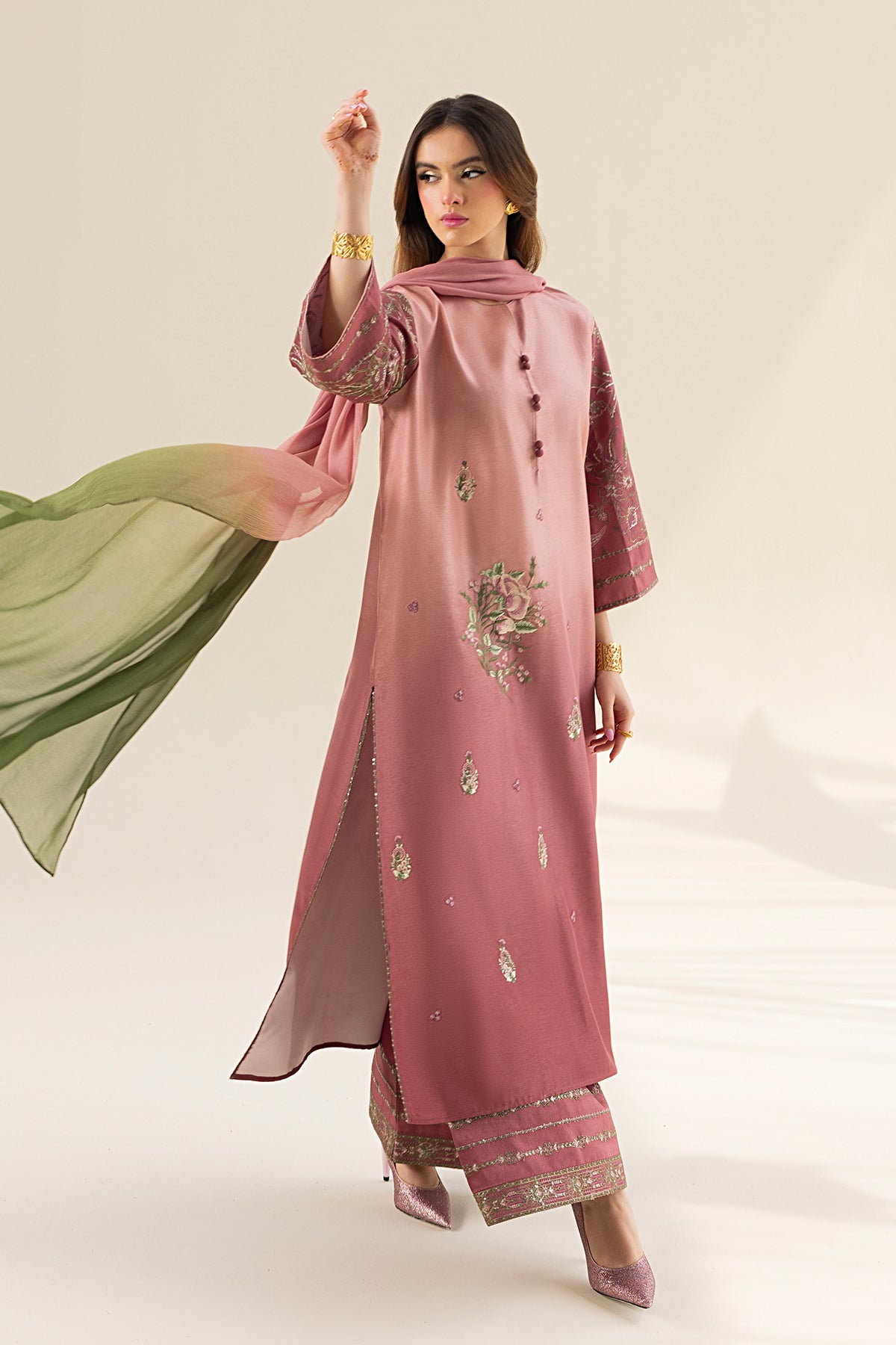 Blush Ombre Embroidered Tassel Silk Salwar Kameez (3-Piece) - Image 2