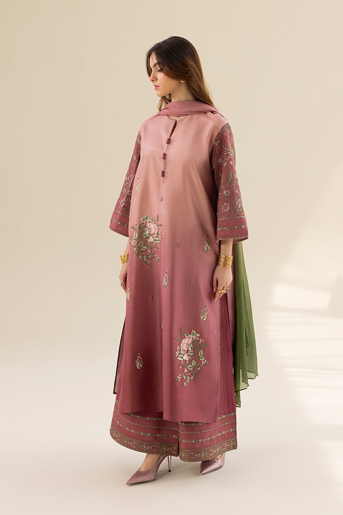 Blush Ombre Embroidered Tassel Silk Salwar Kameez (3-Piece) - Image 3